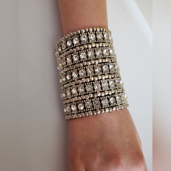 RHINESTONES cuff Bracelet stretch HUGE 5 rows silver beads heavy statement - Picture 4 of 10
